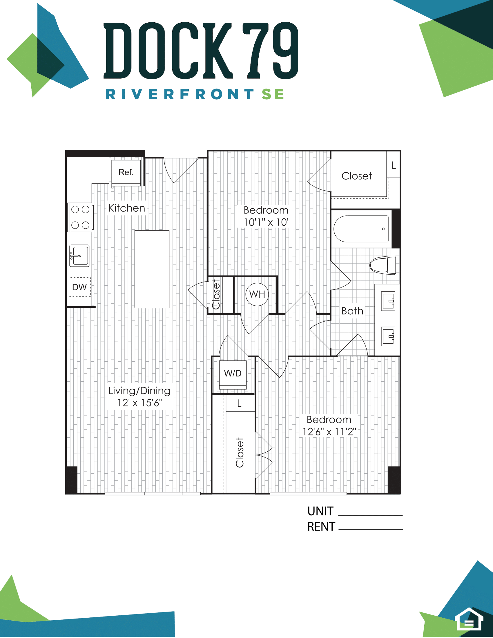 Floor plan for 2 beds, 1 bath, 858 sqft